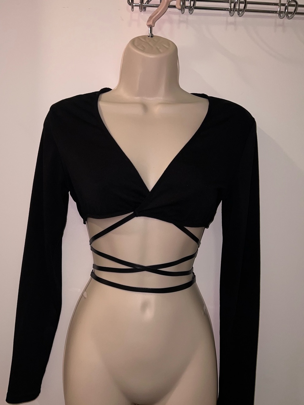 Black Long-Sleeve Wrap Crop Top with Crisscross Waist Ties